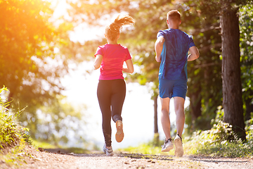 Image showing young couple jogging on sunny day at nature