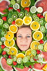 Image showing Fruits and blond cute woman portrait