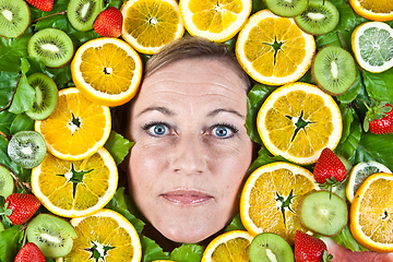 Image showing Fruits and blond cute woman portrait