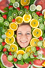 Image showing Fruits and blond cute woman portrait