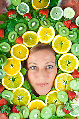 Image showing Fruits and blond cute woman portrait