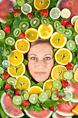 Image showing Fruits and blond cute woman portrait