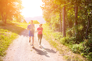 Image showing young couple jogging on sunny day at nature