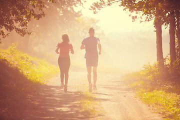 Image showing young couple jogging on sunny day at nature