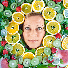 Image showing Fruits and blond cute woman portrait