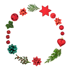 Image showing Christmas Wreath with Winter Greenery Baubles and Bows