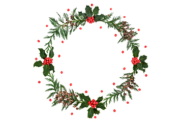 Image showing Holly and Cedar Wreath with Red  Berries