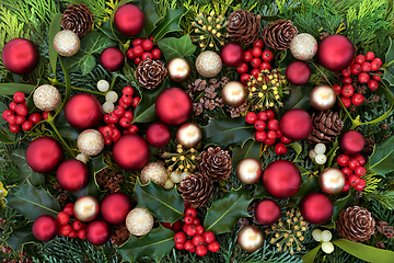 Image showing Christmas Festive Background with Baubles and Flora