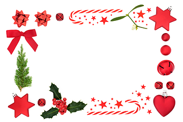 Image showing Abstract Christmas Border with Baubles and Winter Greenery