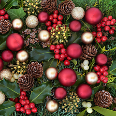 Image showing Christmas Decorative Background with Baubles and Greenery