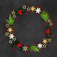 Image showing Christmas Wreath with Winter Greenery and Stars  