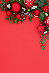 Image showing Christmas Background Border with Winter Greenery and Red Baubles