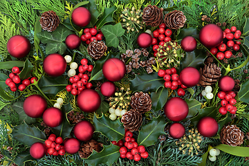 Image showing Festive Christmas Background with Baubles & Flora