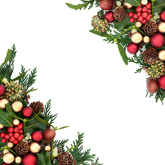 Image showing Traditional Christmas Border with Baubles and Winter Greenery