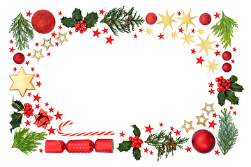 Image showing Christmas Background Border with Stars Flora and Baubles