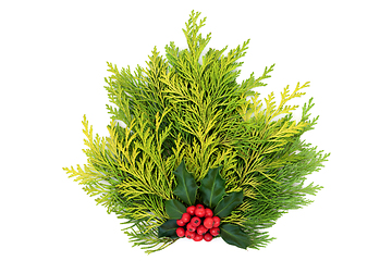 Image showing Winter Posy Decoration of Cedar Cypress Fir with Holly  