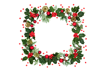 Image showing Christmas Holly Wreath with Red Baubles & Berries