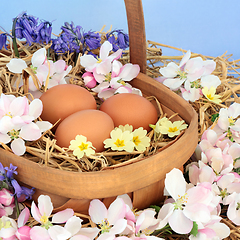 Image showing Springtime Composition with Fresh Brown Eggs and Flowers