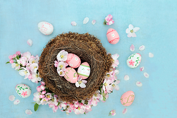 Image showing Easter Eggs with Spring Apple Blossom Fowers