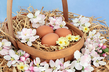 Image showing Fresh Eggs for Breakfast with Spring Flowers