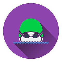 Image showing Icon of Swimming man head with goggles and cap 