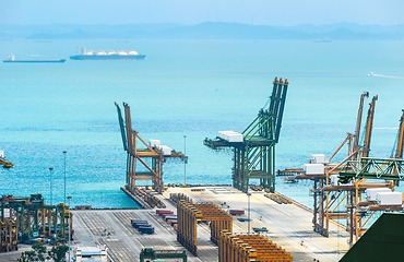 Image showing Port harbor, cranes and containers