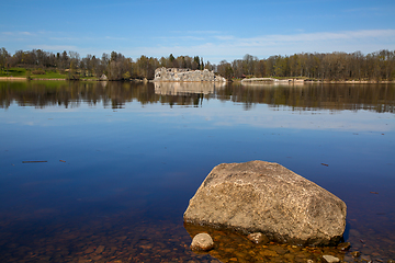 Image showing River landscape with big stones and ruins in Latvia.