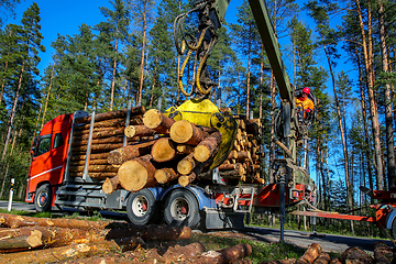 Image showing Crane loading logs in the truck. 