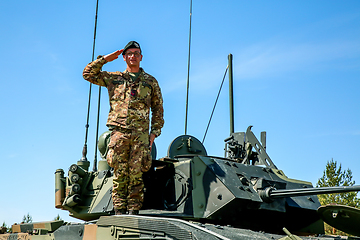 Image showing Soldier on tank in military training Saber Strike in Latvia.