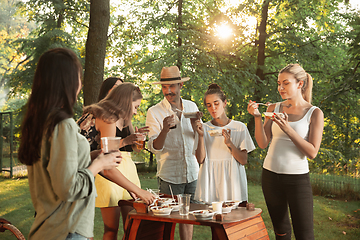 Image showing Happy friends eating and drinking beers at barbecue dinner on sunset time