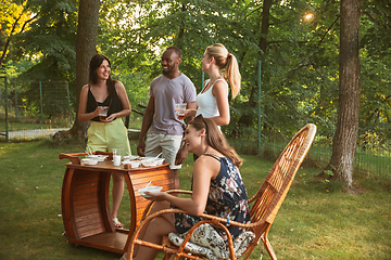 Image showing Happy friends eating and drinking beers at barbecue dinner on sunset time