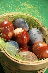 Image showing Painted eggs on green background.