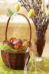 Image showing Painted Easter eggs and pussy willow.