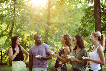 Image showing Happy friends eating and drinking beers at barbecue dinner on sunset time