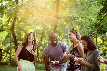 Image showing Happy friends eating and drinking beers at barbecue dinner on sunset time