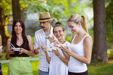 Image showing Happy friends eating at barbecue dinner on sunset time