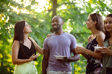 Image showing Happy friends eating and drinking beers at barbecue dinner on sunset time