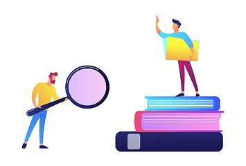 Image showing Student with magnifier and student standing on stack of books vector illustration.