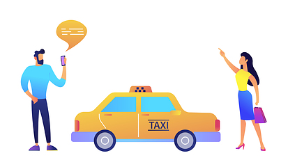 Image showing Businessman ordering a taxi from smartphone and businesswoman catching it vector illustration.