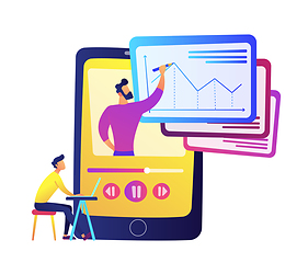 Image showing Student watching recorded lesson on huge smartphone with teacher drawing chart vector illustration.