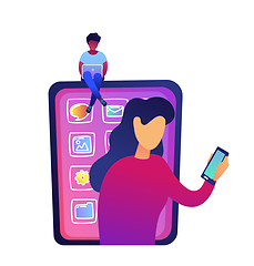 Image showing Young woman with laptop sitting on huge smartphone and women using smartphone vector illustration.