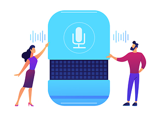 Image showing Users giving voice commands to smart speaker vector illustration.