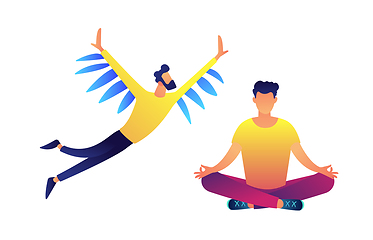 Image showing Businessman with wings flying and another meditating in lotus pose vector illustration.