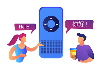 Image showing Two users speaking different languages and smart language translator vector illustration.