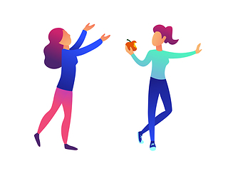 Image showing Woman eating an apple and another woman with hands up vector illustration.