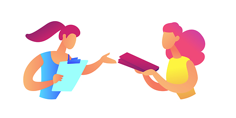 Image showing Businesswoman giving document file to coworker vector illustration.
