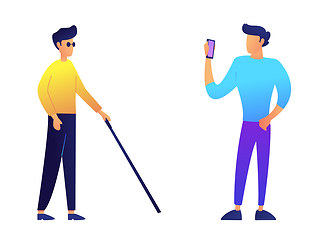Image showing Blind man with walking cane and user with mobile phone vector illustration.