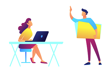 Image showing Teacher standing and pointing and student sitting at the desks vector illustration.