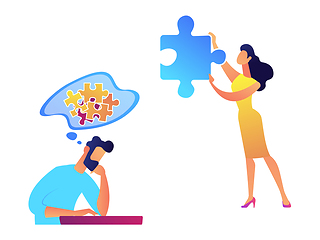 Image showing Businessman trying to solve puzzle and woman with necessary piece vector illustration.