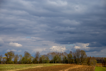 Image showing Landscape with plowed field, trees and blue sky